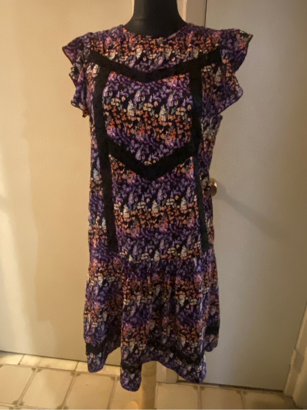 Romeo & Juliet Couture Purple Floral Midi Dress with Black Trim